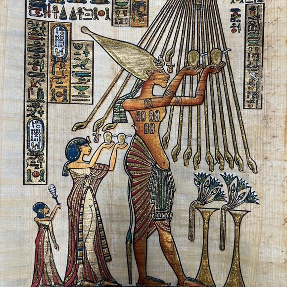 Egyptian Papyrus Akhenaten & The Aten Ritual , hand painted signed, 12” X 8.5” - Picture 2 of 3